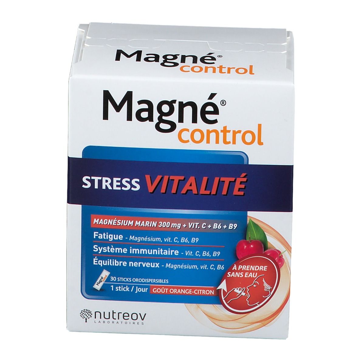 Boîte Nutreov Magné® Stress Vitalité. Face avant avec nom et informations. Carton blanc.