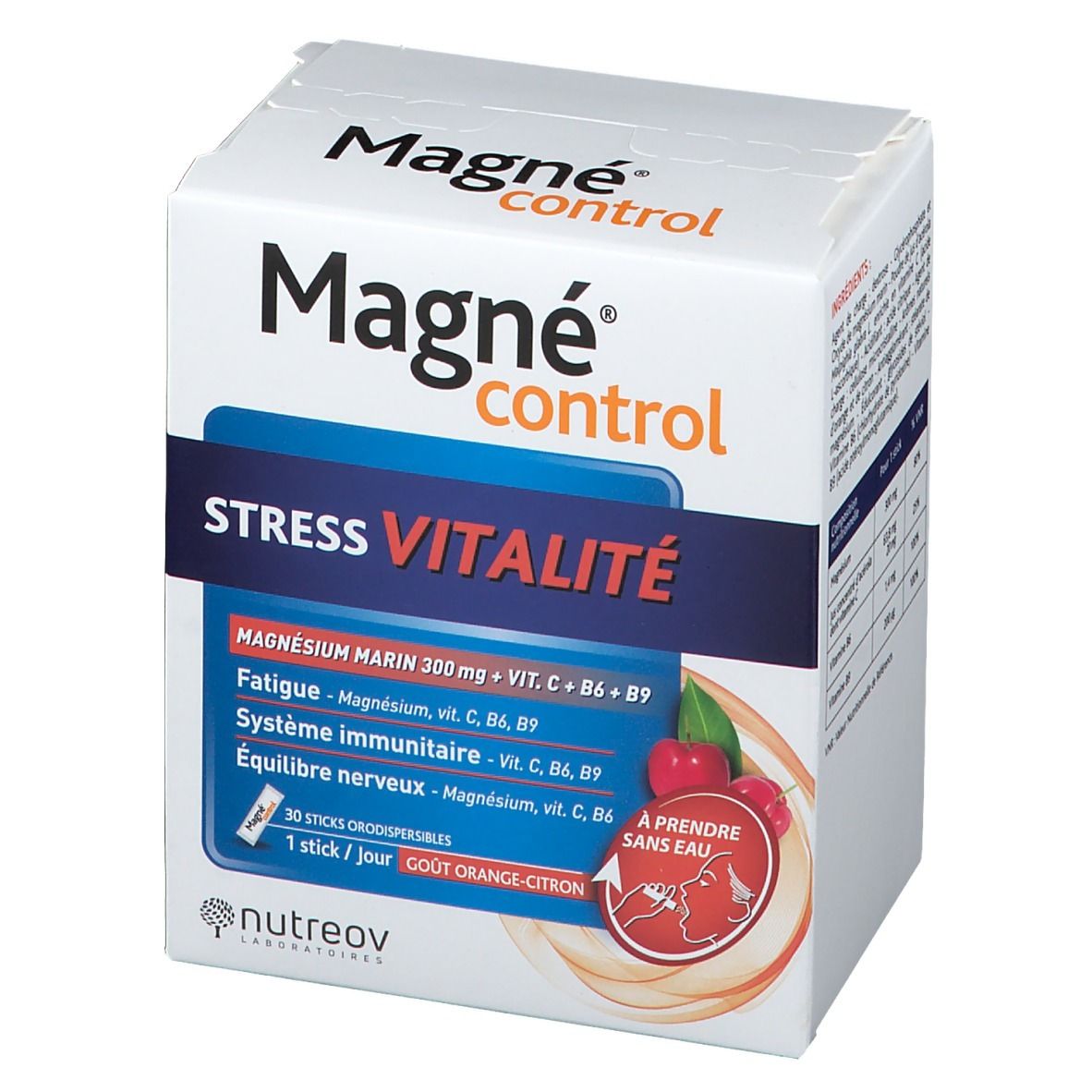 Boîte Nutreov Magné® Stress Vitalité. Face avant avec nom et informations. Carton blanc.