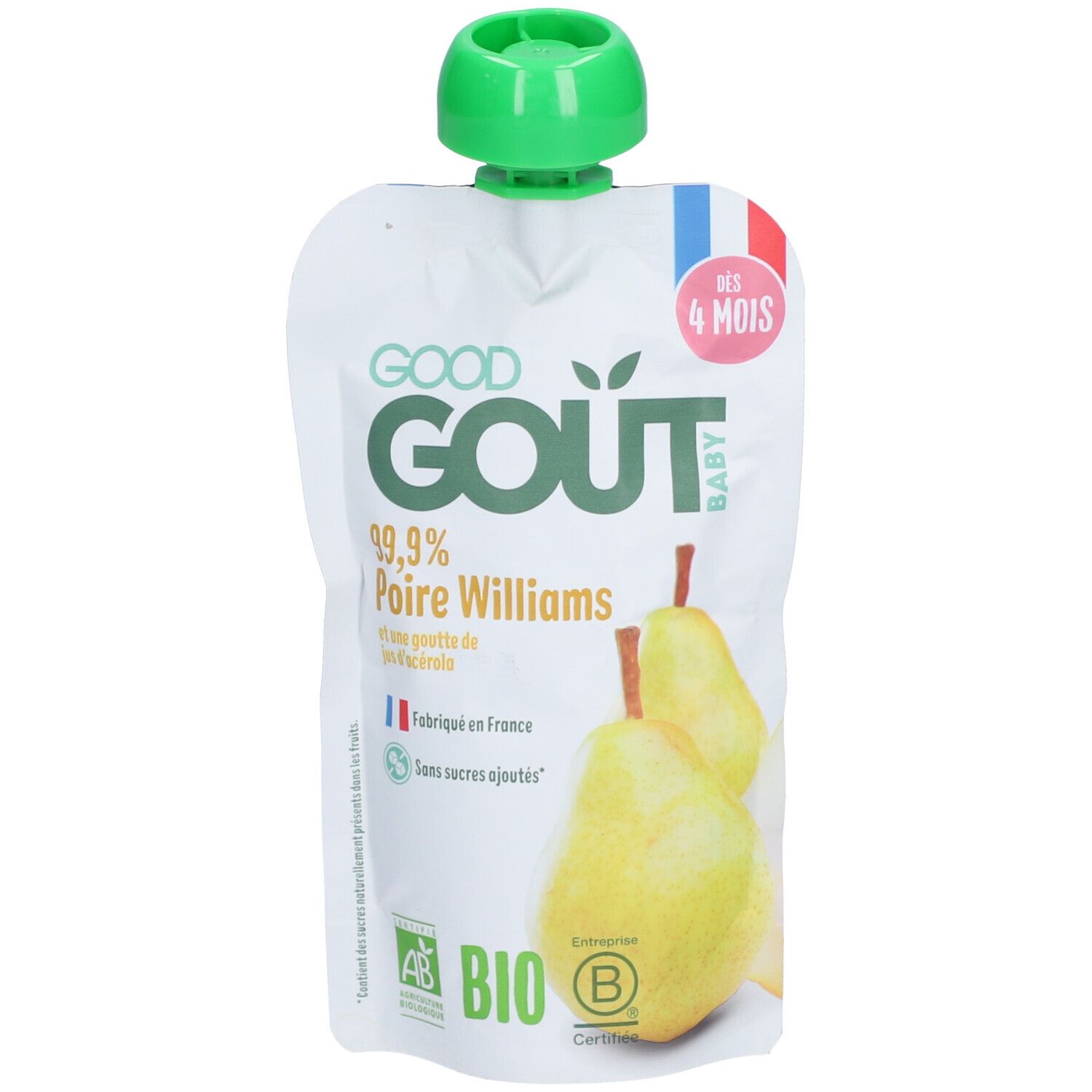 Quetschbeutel mit Birnenpüree. Aufdruck: Good Goût, 99,9% Williamsbirne, ab 4 Monaten. Bio-Zertifizierung.