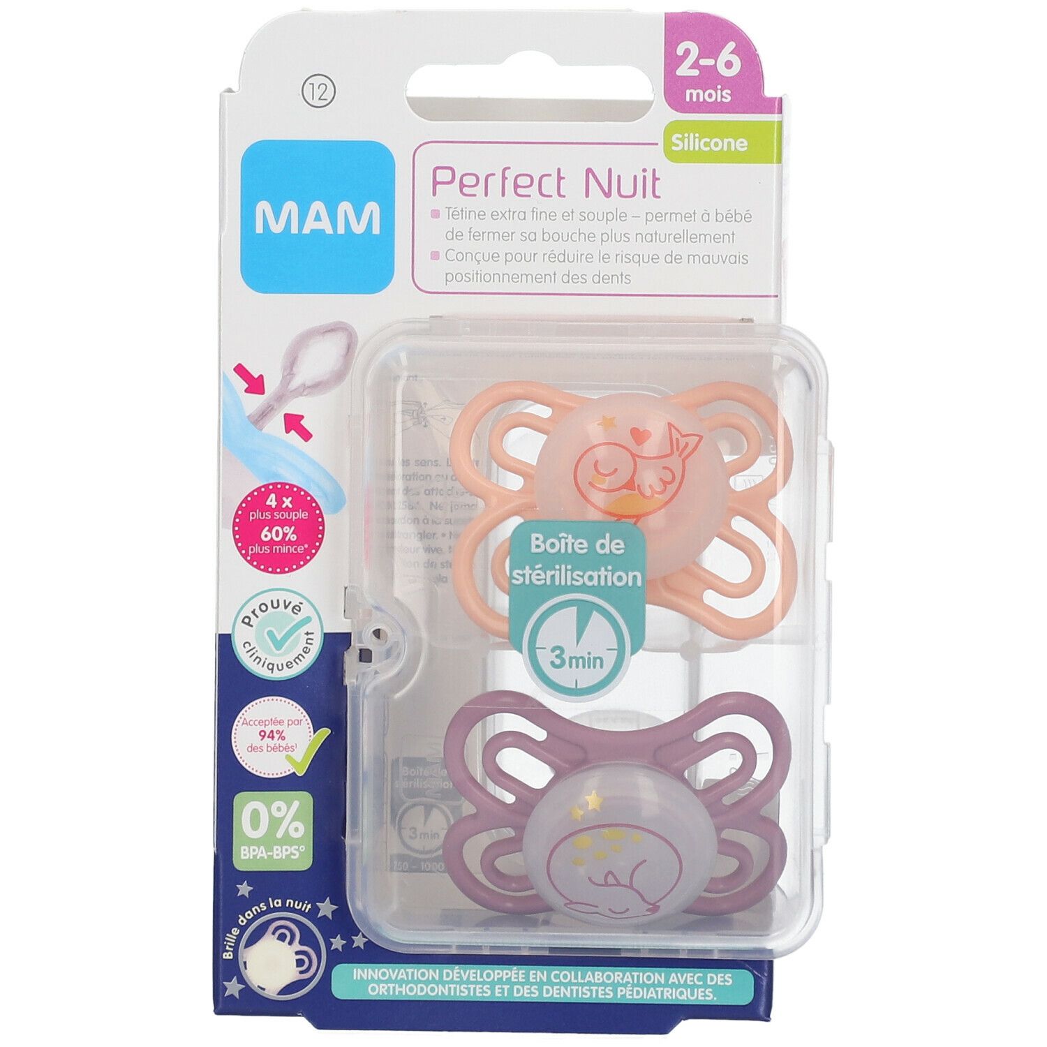 Twee MAM Perfect Nuit fopspenen, 2-6 maanden, in verpakking. Roze en paars. Steriliseerbare doos.
