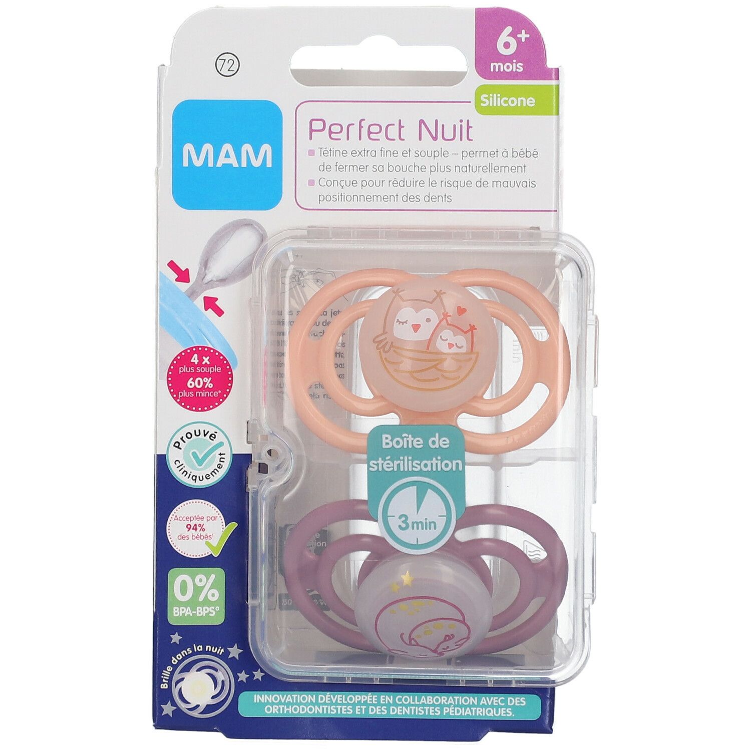 MAM Perfect Nuit fopspenen, twee stuks in verpakking. Verpakking met productinformatie en leeftijdsindicatie 6+ maanden.