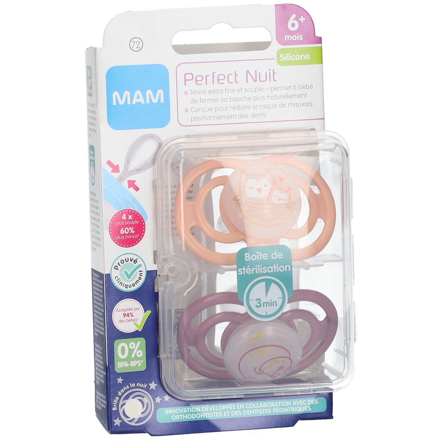 MAM Perfect Nuit fopspenen, twee stuks in verpakking. Verpakking met productinformatie en leeftijdsindicatie 6+ maanden.
