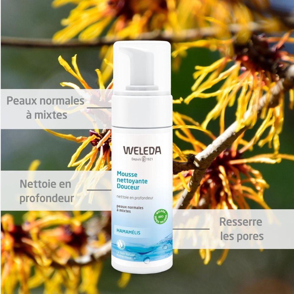 WELEDA Mousse nettoyante Douceur. Flacon devant fleurs jaunes. Texte: Hamamelis, peaux normales à mixtes, nettoie en profondeur.