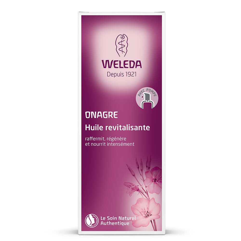 Weleda-Verpackung. Aufschrift: Onagre, Huile revitalisante. Mit Pumpe. Le Soin Naturel Authentique.