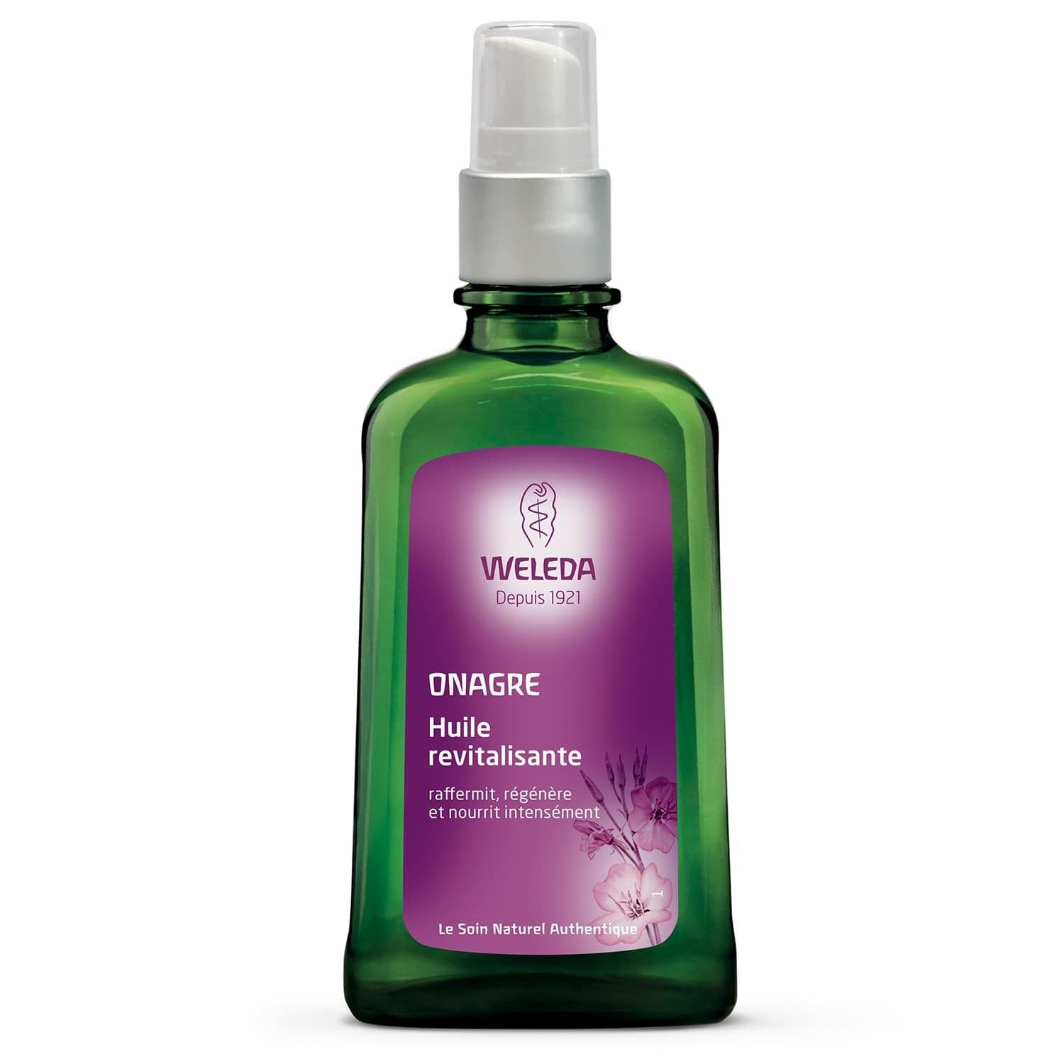 Grüne Glasflasche mit Pumpe. Aufschrift: Weleda, Onagre, Huile revitalisante. Le Soin Naturel Authentique.