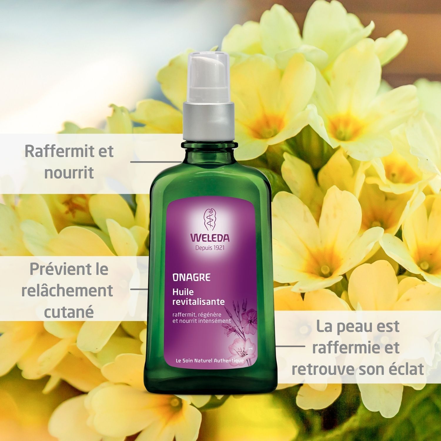 Grüne Glasflasche mit Pumpe. Aufschrift: Weleda, Onagre, Huile revitalisante. Gelbe Blumen im Hintergrund.