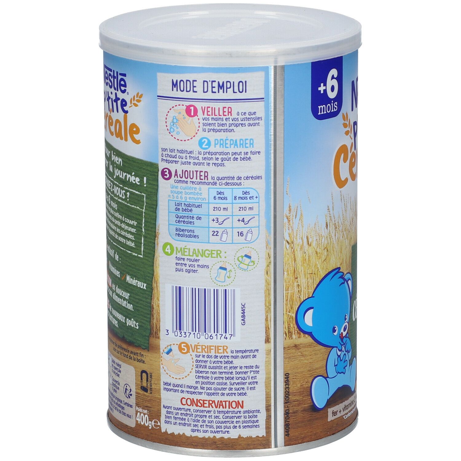 Boîte cylindrique Nestlé P'tite Céréale. Instructions de préparation et tableau nutritionnel au dos. Couleurs bleu et blanc.