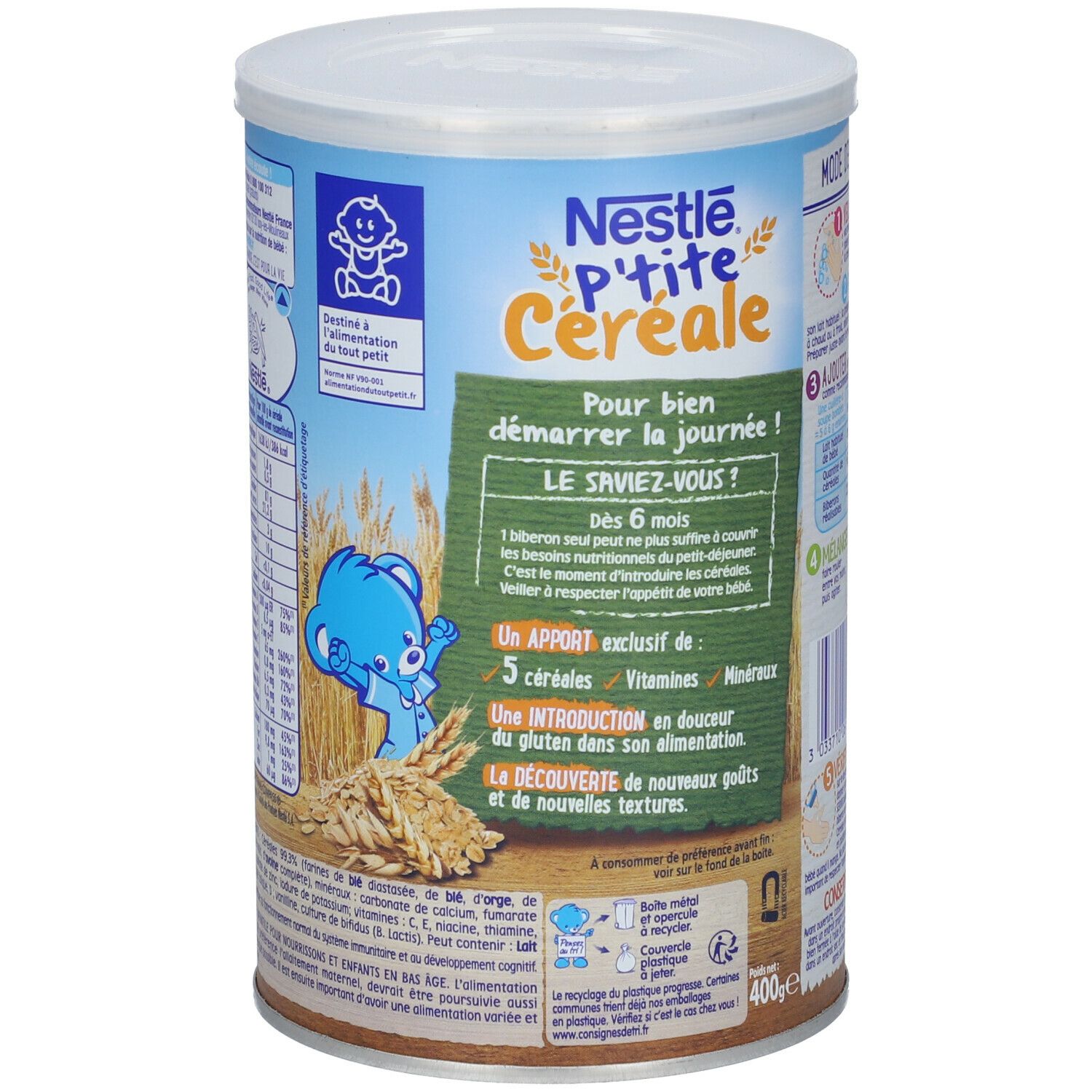 Boîte cylindrique Nestlé P'tite Céréale. Face avant avec nom du produit et illustration. Couleurs bleu et blanc.