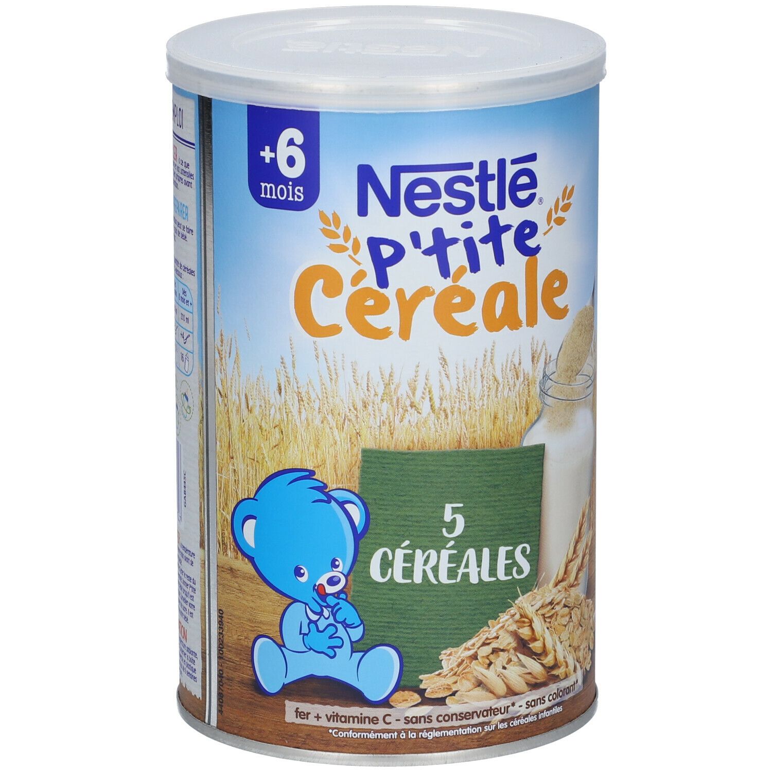 Boîte cylindrique Nestlé P'tite Céréale. Face avant avec nom du produit, illustration et '5 Céréales'. Couleurs bleu et blanc.