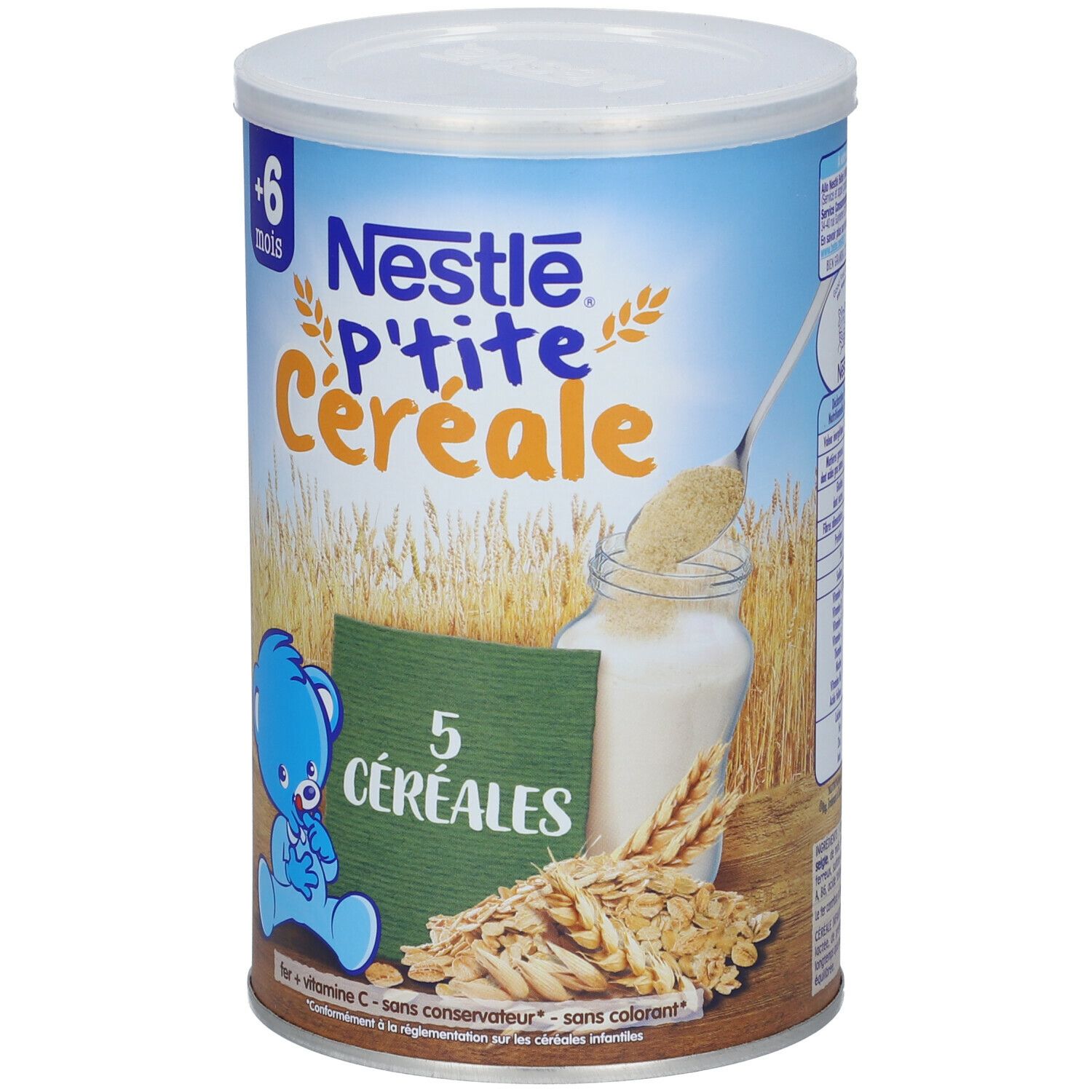 Boîte cylindrique Nestlé P'tite Céréale. Face avant avec nom du produit, illustration, '5 Céréales' et cuillère. Couleurs bleu et blanc.