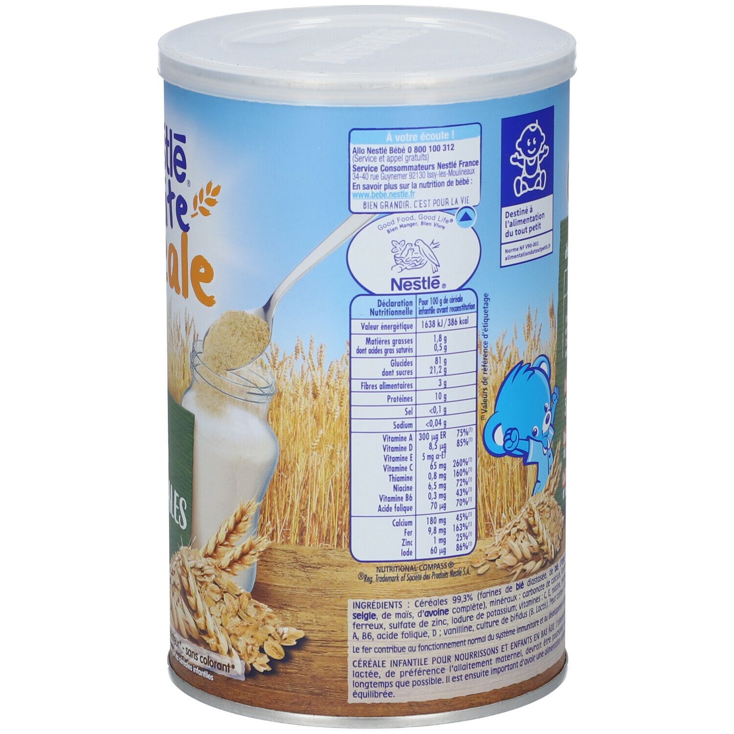 Boîte cylindrique Nestlé P'tite Céréale. Dos avec tableau nutritionnel et liste des ingrédients. Couleurs bleu et blanc.