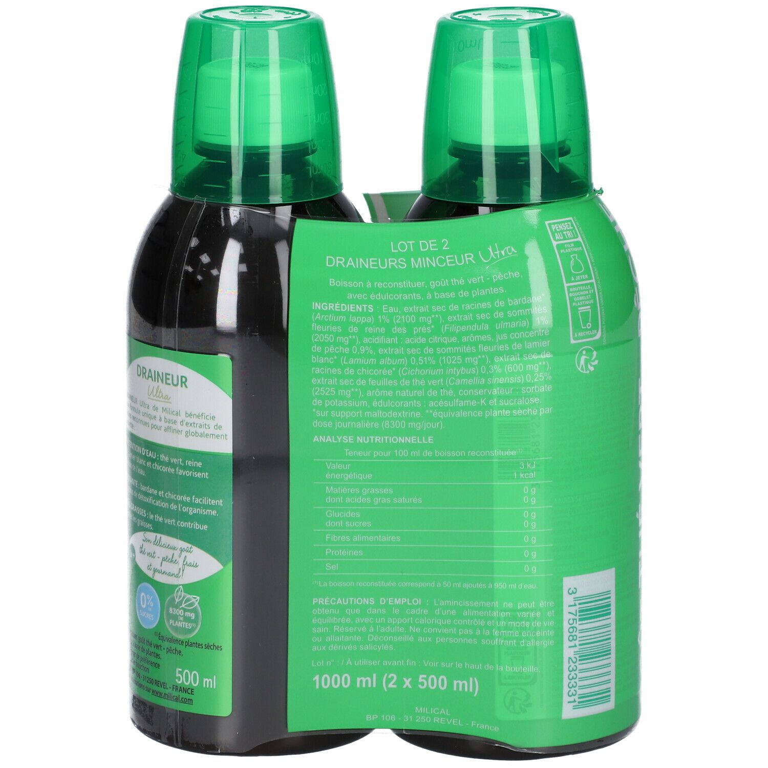 Deux bouteilles Milical Draineur. Dos avec ingrédients et informations nutritionnelles. Volume total : 1000 ml.