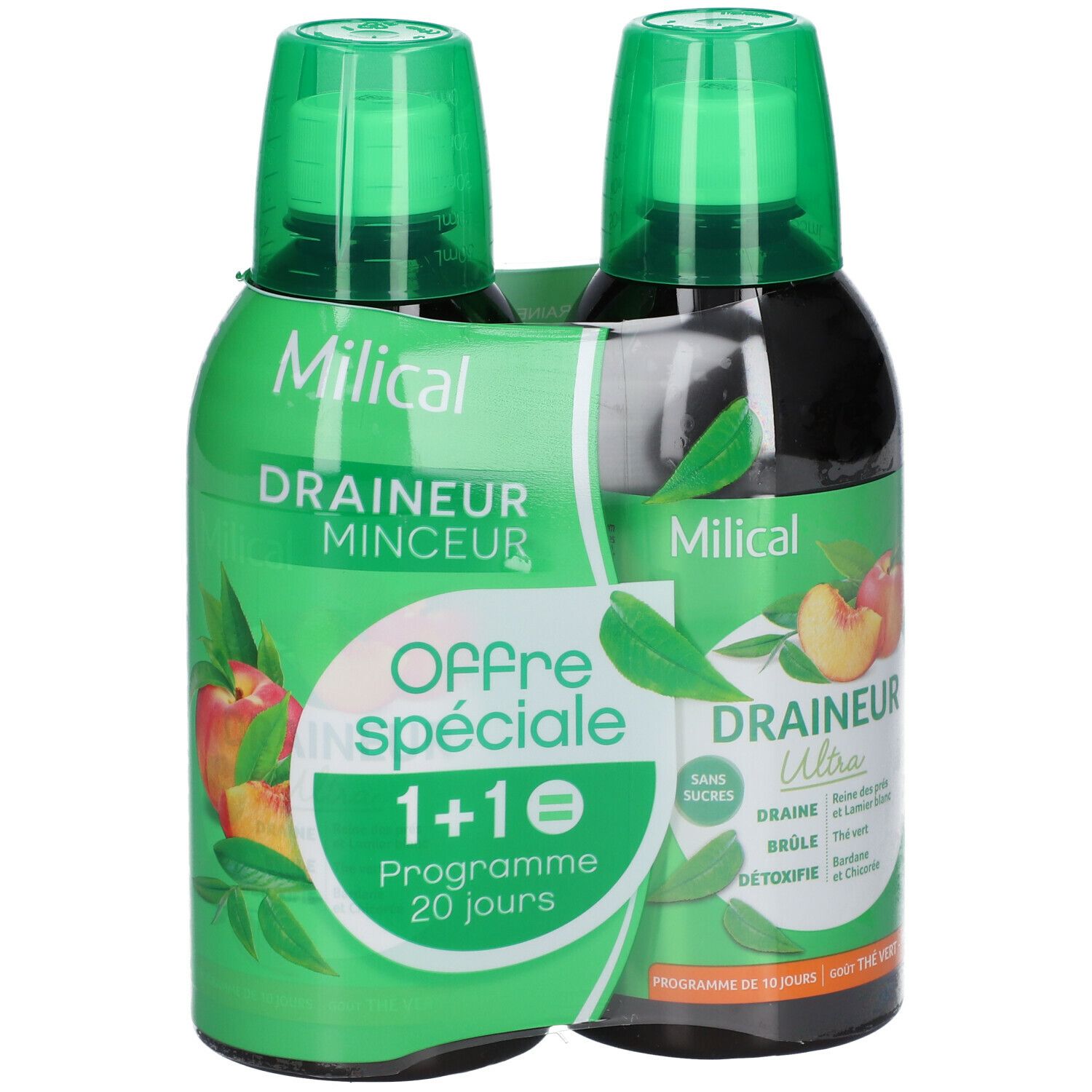 Deux bouteilles Milical Draineur, bouchon vert, étiquette avec pêche et feuilles. "Offre spéciale 1+1".
