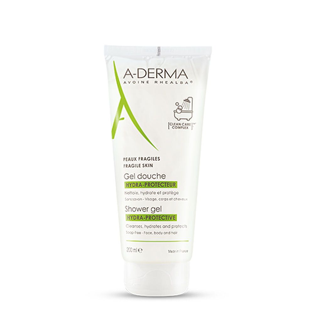 Tube de gel douche blanc et vert. Logo A-DERMA, nom du produit et texte pour peaux fragiles. Avec Clean Care Complex.