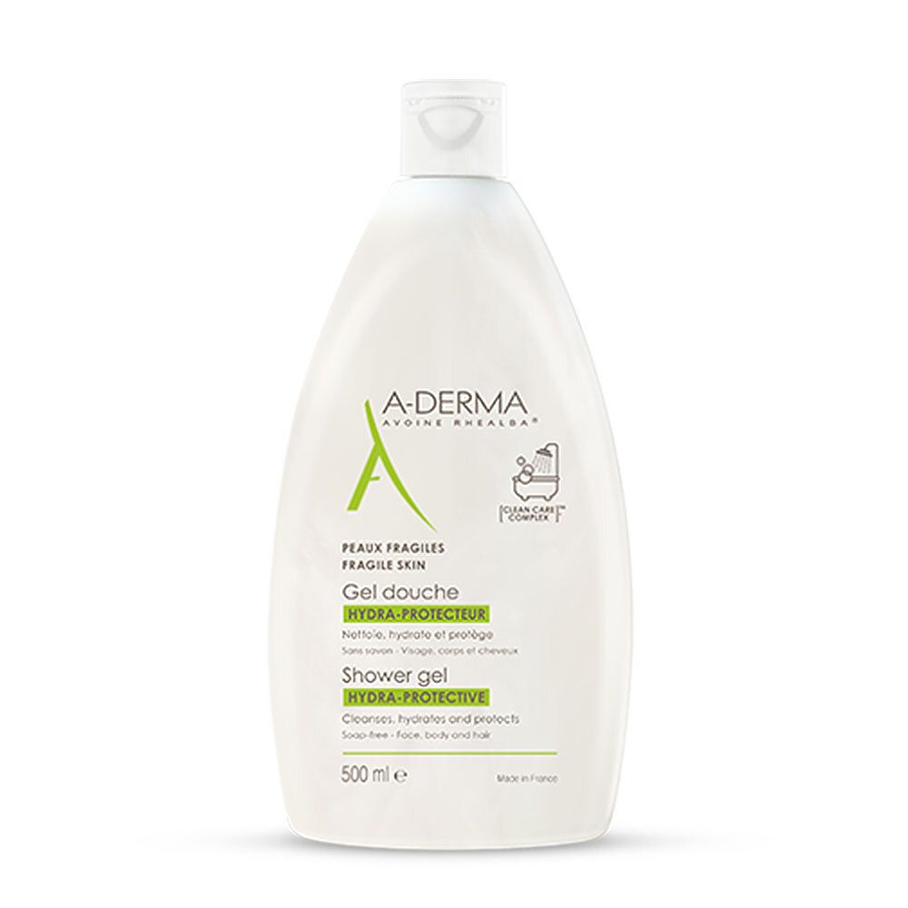 A-DERMA Duschgel-Flasche. Weißes, ovales Design mit grünem Logo und Text. Enthält Hydra-Protecteur. 500 ml.