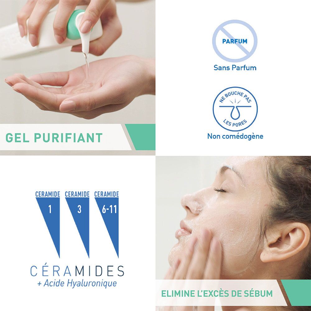 Mains tenant un flacon et versant du liquide dans la paume. Texte: Gel Purifiant. Symboles: Sans parfum, non comédogène.