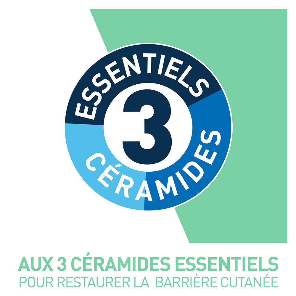 Logo circulaire avec texte: 3 céramides essentiels. Tons bleus et bleu clair.