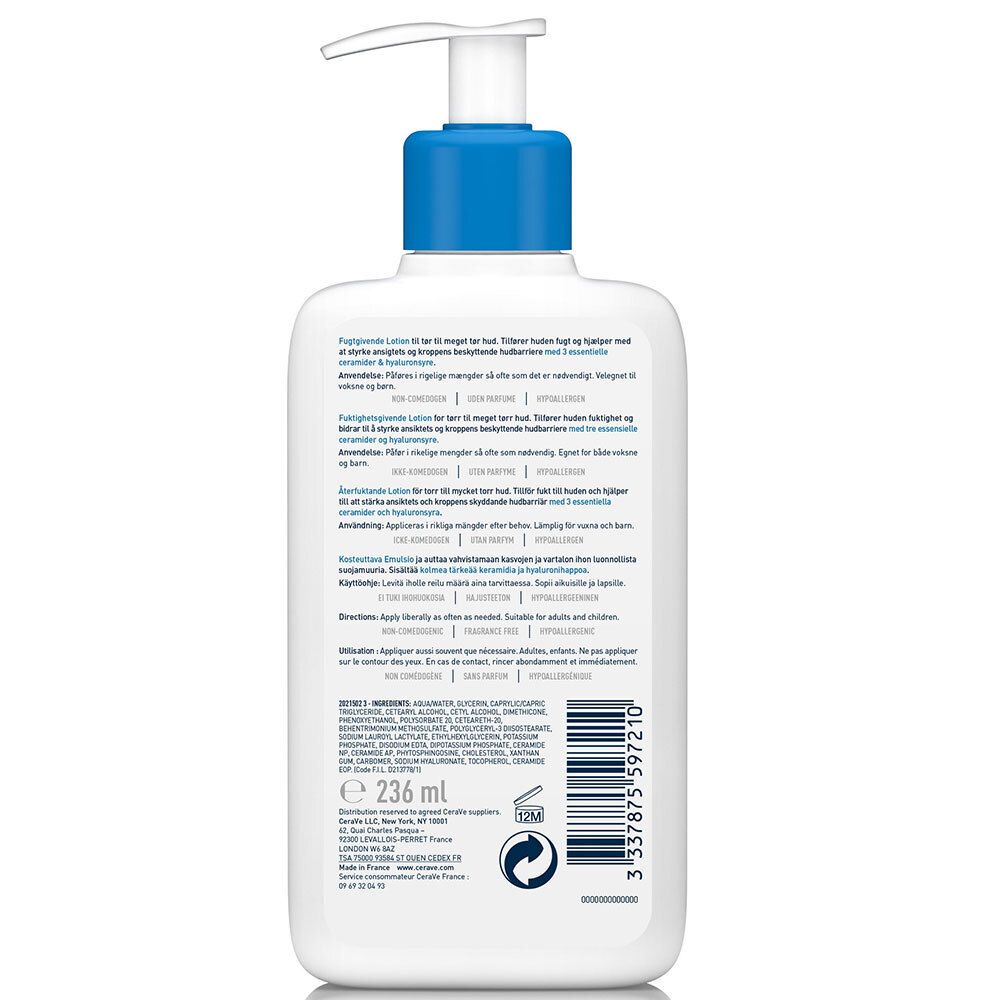Dos du flacon blanc avec pompe. CeraVe Lait Hydratant. Texte en français. 236 ml. Code-barres et symbole de recyclage.