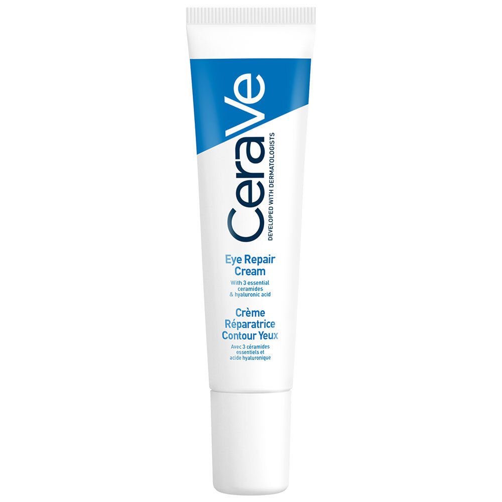 CeraVe Augencreme. Tube mit weißem Deckel. Aufschrift: Eye Repair Cream. Crème Réparatrice Contour Yeux.