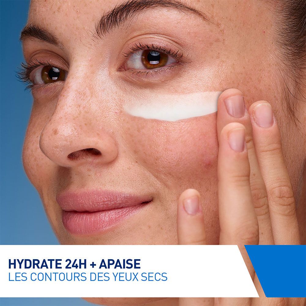 Frau trägt Creme unter den Augen auf. Aufschrift: HYDRATE 24H + APAISE. Les contours des yeux secs.