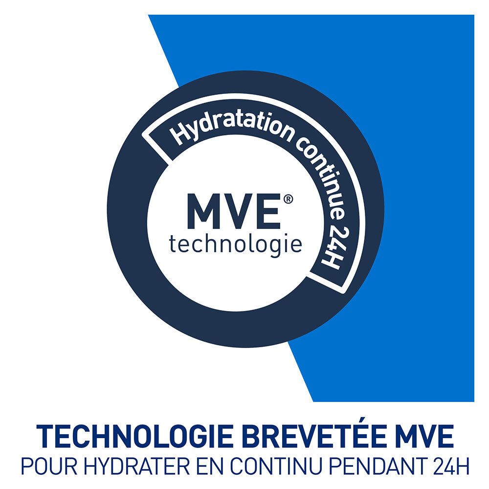 Kreisförmiges Logo mit Aufschrift: MVE Technologie. 24h Hydratation continue. Blaue und weiße Farben.