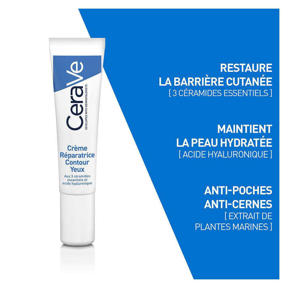 CeraVe Augencreme. Tube mit Text. Aufschrift: Crème Réparatrice Contour Yeux. Blaue und weiße Farben.