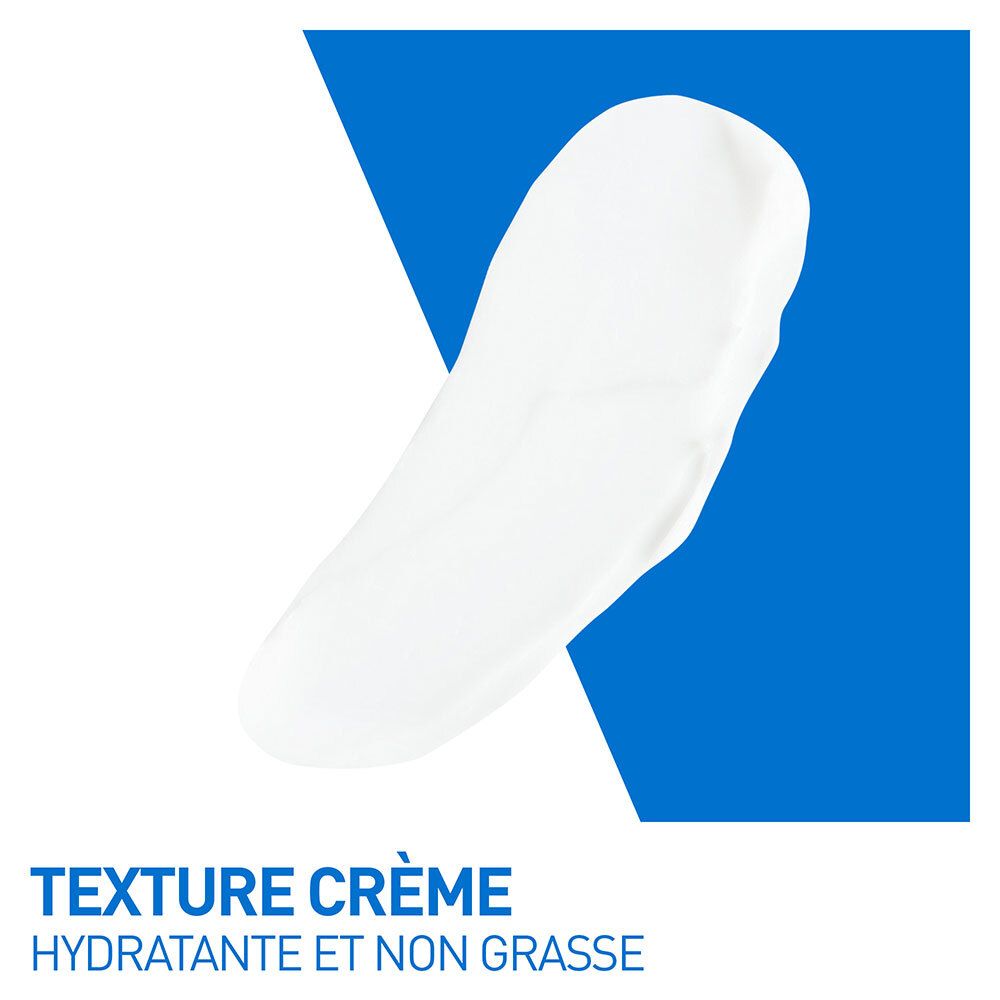 Weißer Creme-Abstrich auf blauem Hintergrund. Aufschrift: TEXTURE CRÈME. Hydratante et non grasse.
