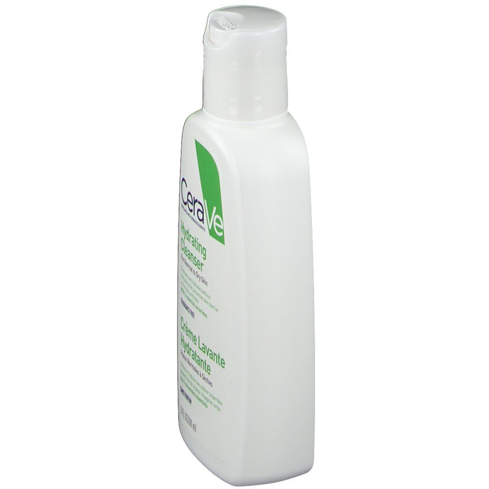 Flacon blanc CeraVe, accents verts. Hydrating Cleanser et Crème Lavante Hydratante. Bouchon blanc. Inscriptions.