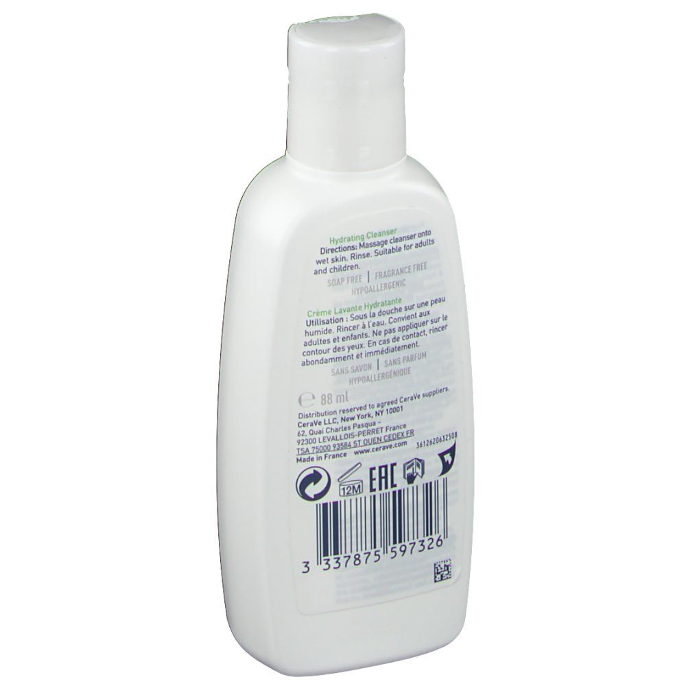 Dos du flacon blanc CeraVe. Texte: Hydrating Cleanser, Crème Lavante Hydratante. Code-barres, code EAN, 88 ml.