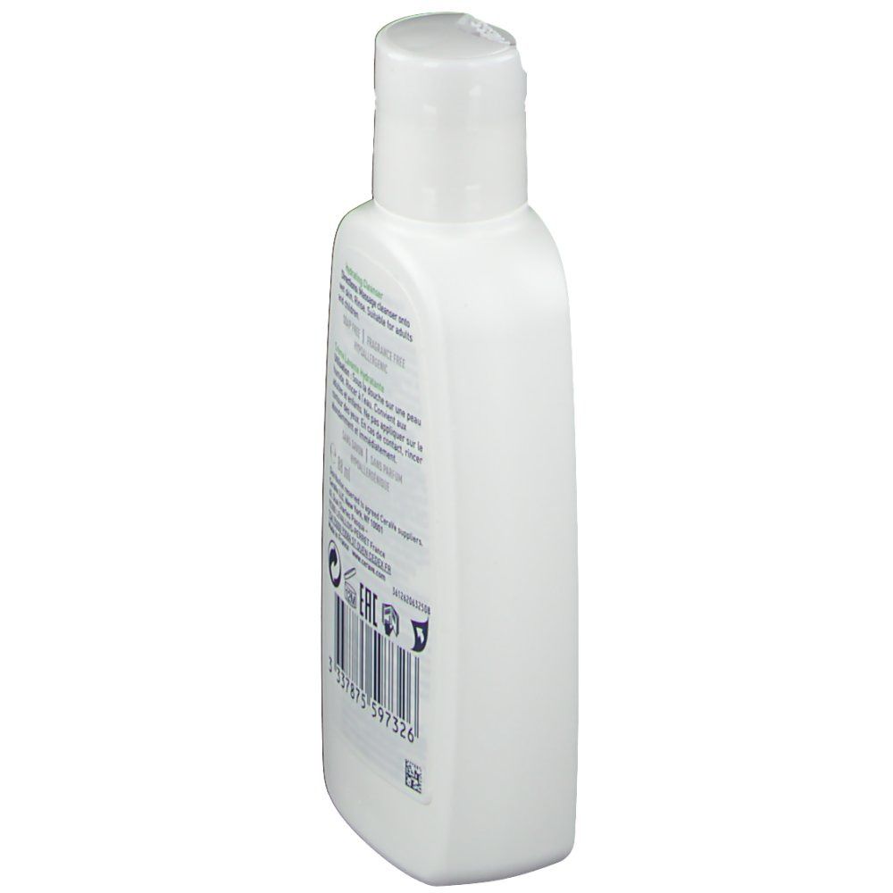 Flacon blanc CeraVe, accents verts. Texte: Hydrating Cleanser, Crème Lavante Hydratante. Code-barres, code EAN, 88 ml.