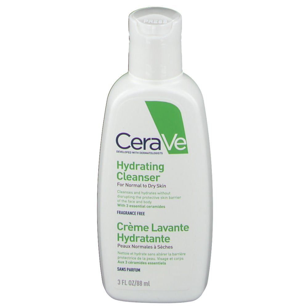 Flacon blanc CeraVe. Hydrating Cleanser pour peaux normales à sèches. Crème Lavante Hydratante. 3 FL OZ/88 ml.
