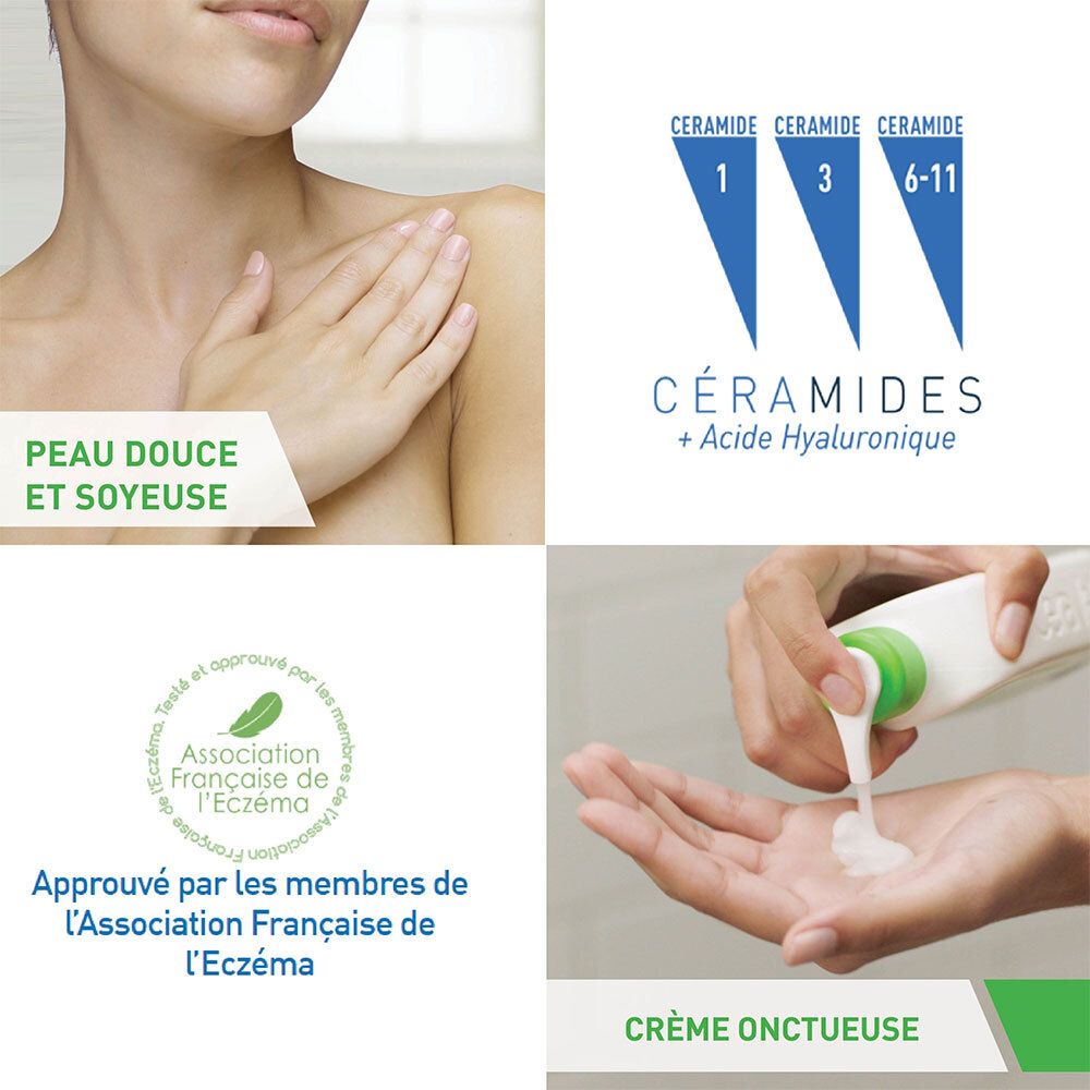 Collage. Haut, Text: Peau douce et soyeuse. Logos und Text.
