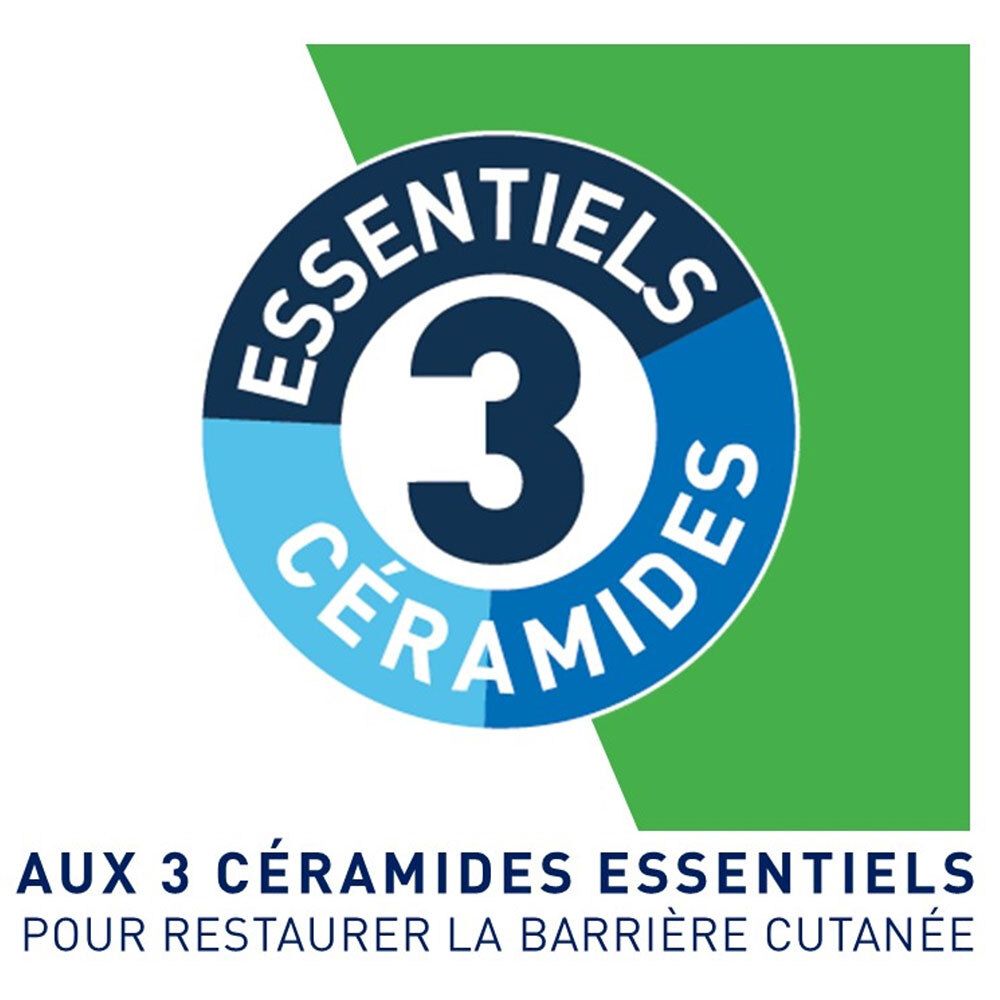 Kreisförmiges Logo mit Text: Essentiels 3 Céramides. Blau, grün und weiß.