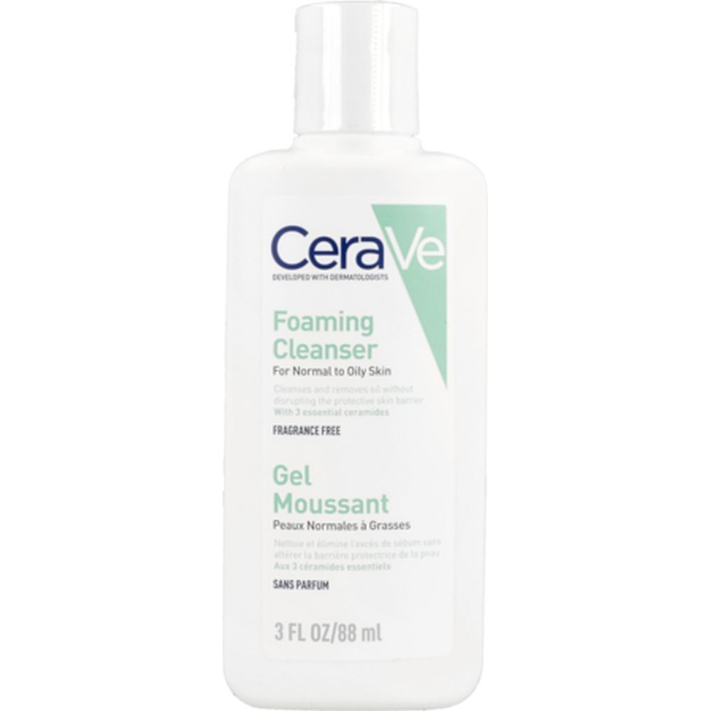 Flacon blanc avec accent vert. Inscription : CeraVe Foaming Cleanser. 3 FL OZ/88 ml.