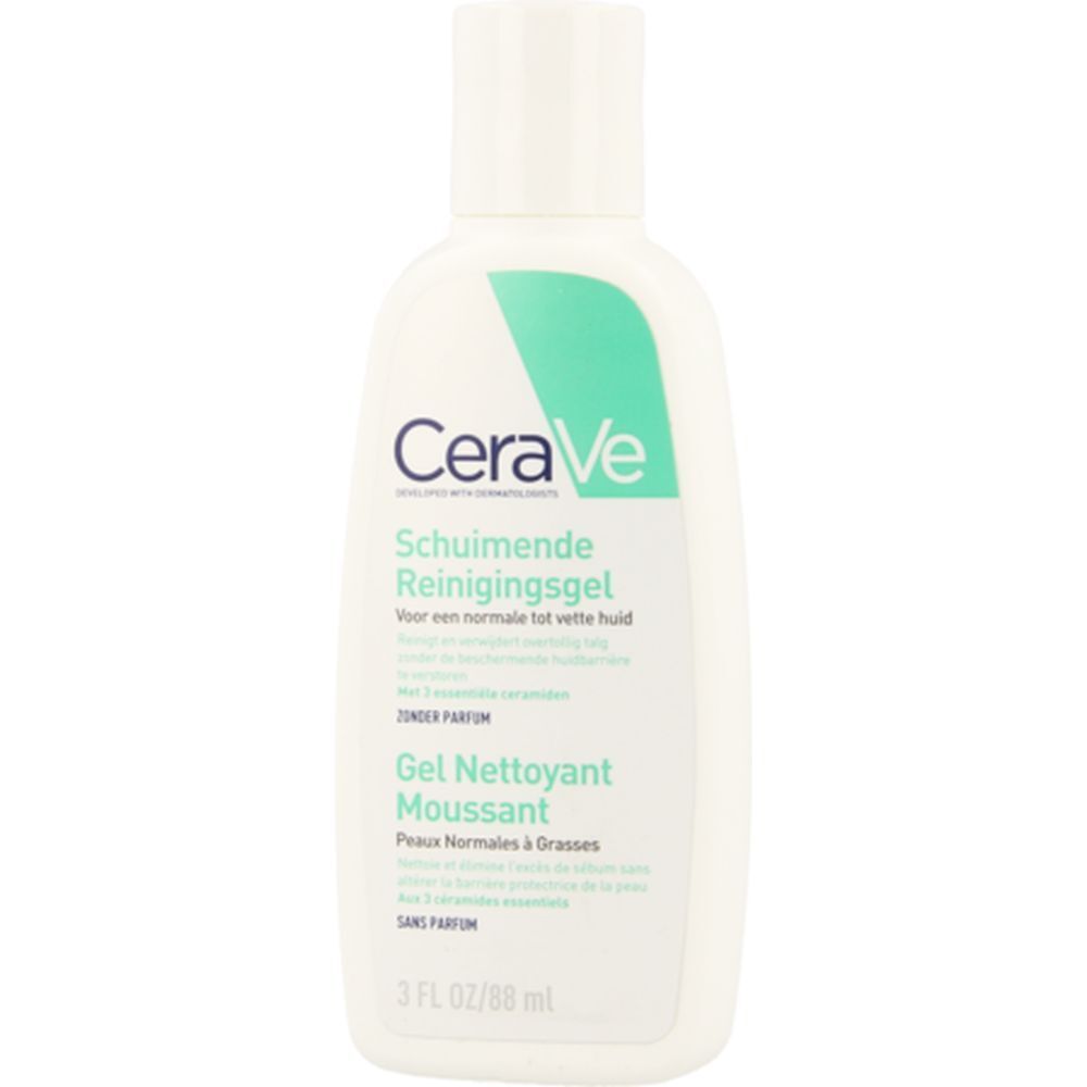 Flacon blanc avec accent vert. Inscription : CeraVe Gel Nettoyant Moussant. 3 FL OZ/98 ml.