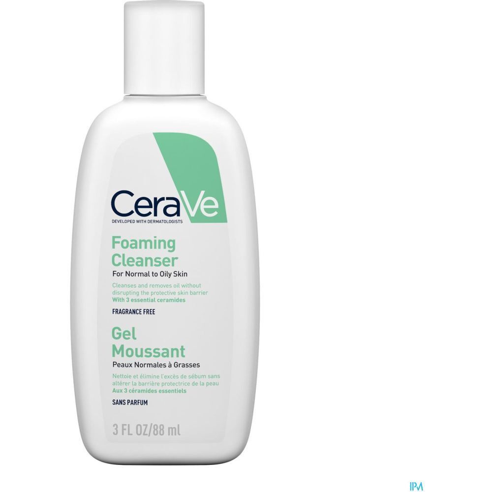 Flacon blanc avec accent vert. Inscription : CeraVe Foaming Cleanser. 3 FL OZ/88 ml.