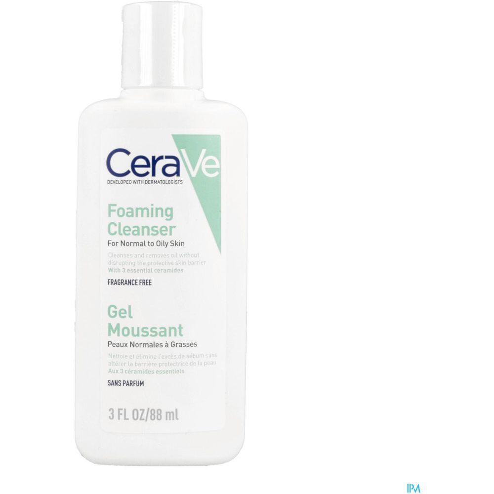 Flacon blanc avec accent vert. Inscription : CeraVe Foaming Cleanser. 3 FL OZ/88 ml.