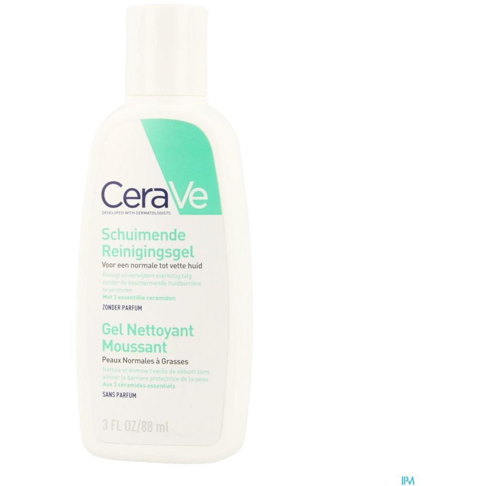 Flacon blanc avec accent vert. Inscription : CeraVe Gel Nettoyant Moussant. 3 FL OZ/98 ml.