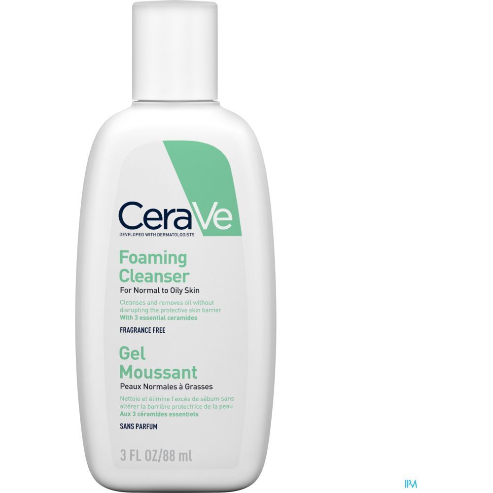 Flacon blanc avec accent vert. Inscription : CeraVe Foaming Cleanser. 3 FL OZ/88 ml.