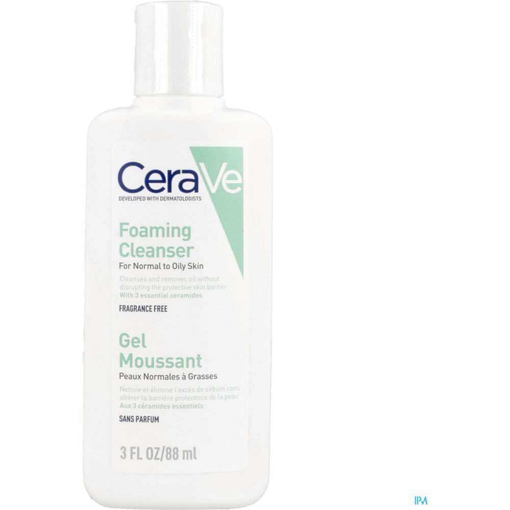 Flacon blanc avec accent vert. Inscription : CeraVe Foaming Cleanser. 3 FL OZ/88 ml.