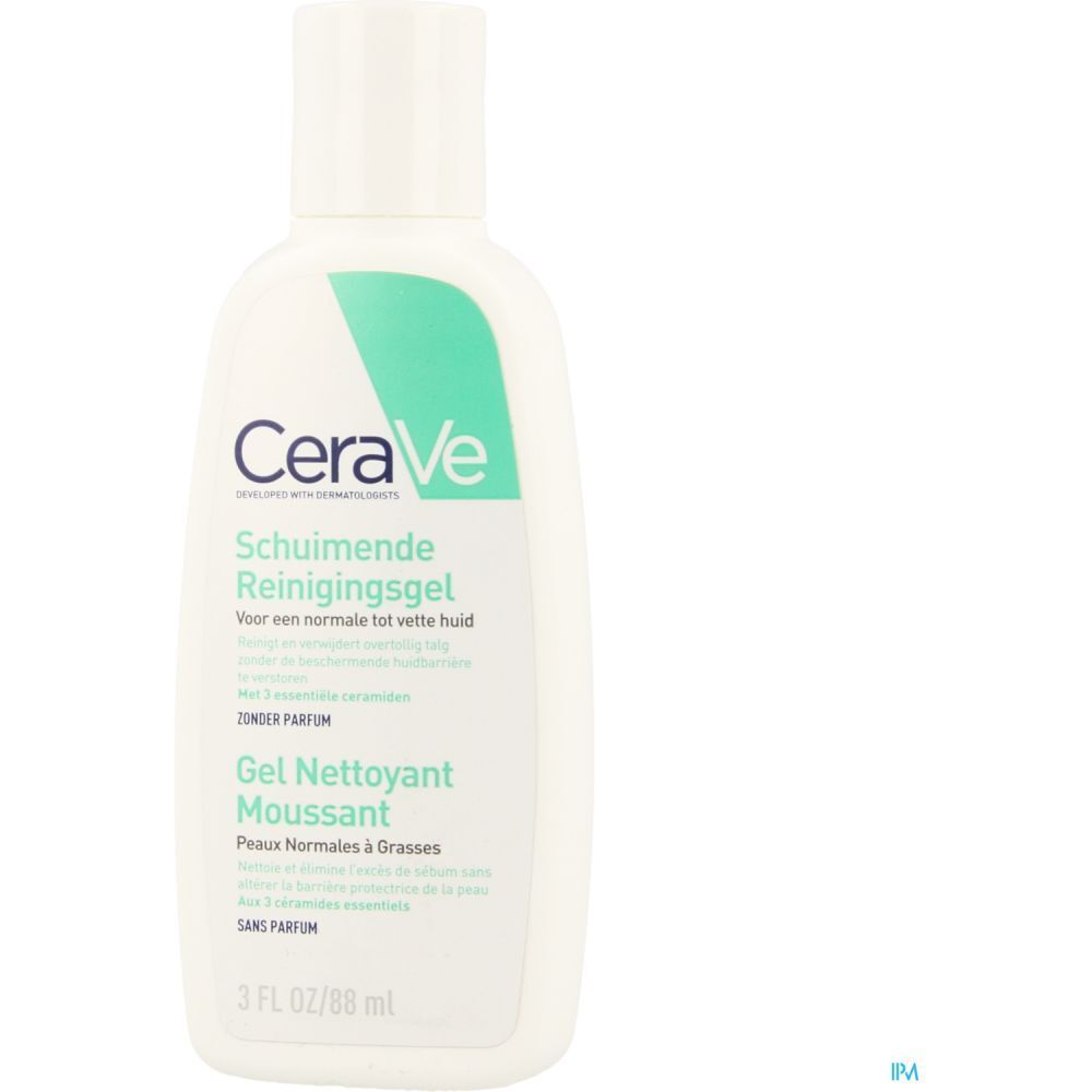 Flacon blanc avec accent vert. Inscription : CeraVe Gel Nettoyant Moussant. 3 FL OZ/98 ml.