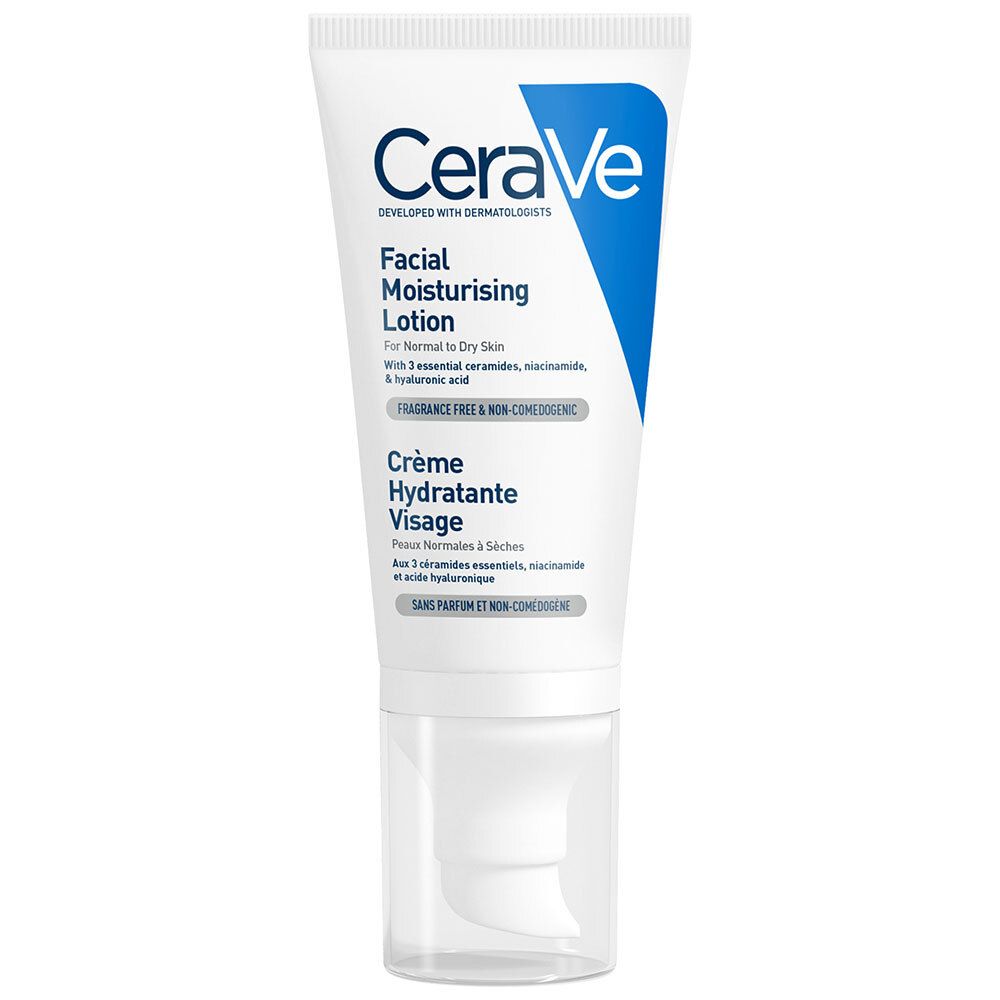Tube CeraVe, Facial Moisturising Lotion. Texte : For Normal to Dry Skin, Fragrance Free & Non-Comedogenic. Crème Hydratante Visage.