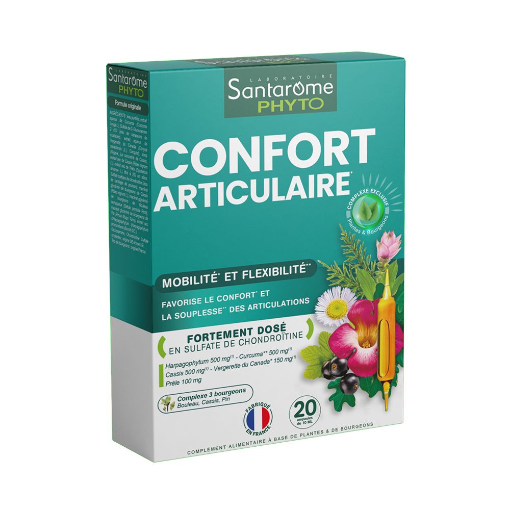 Boîte verte SANTAROME Phyto Confort articulaire. Contient 20 ampoules. Texte : Confort articulaire, Mobilité et flexibilité.