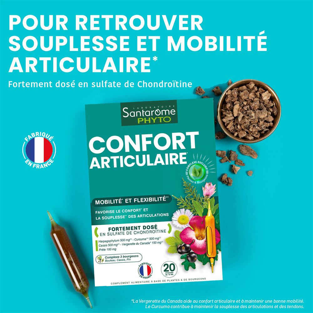 Emballage et ampoules. Texte : Confort articulaire, Mobilité et flexibilité. Contient du sulfate de chondroïtine. Fond bleu.