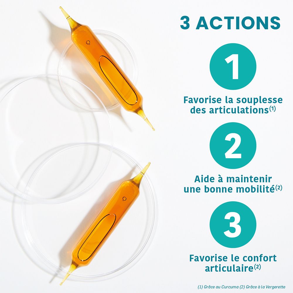 Deux ampoules. Texte : 3 actions. Favorise la souplesse, la mobilité et le confort articulaire.