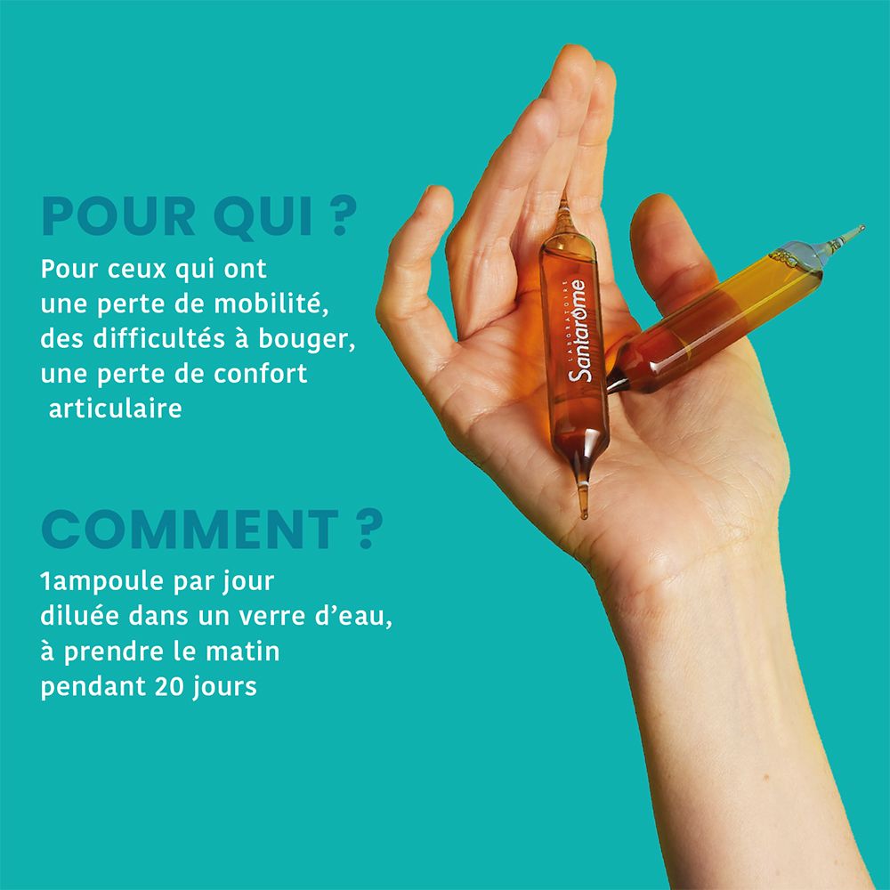 Main tenant deux ampoules. Texte : 1 ampoule par jour dans un verre d'eau. Pendant 20 jours.