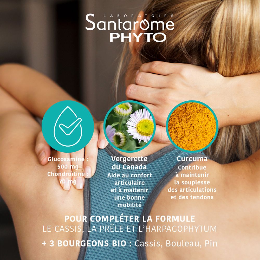 Femme touchant son cou. Texte : Glucosamine, Chondroïtine, Vergerette du Canada, Curcuma. Pour les articulations.