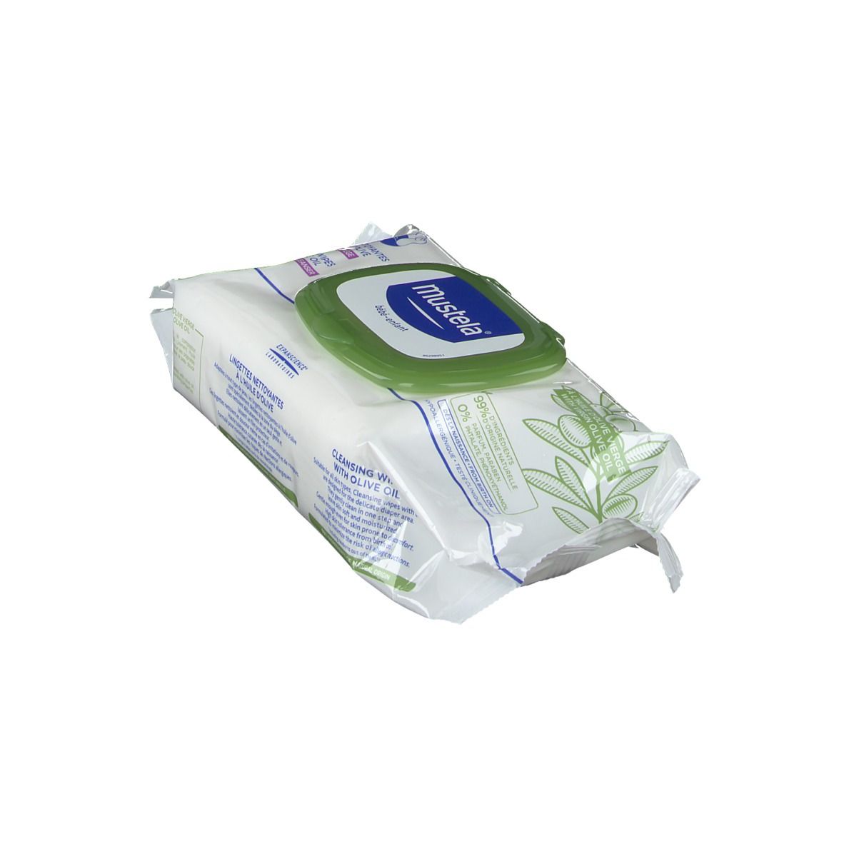 Paquet de lingettes nettoyantes à l'huile d'olive. Emballage vert et blanc avec logo "mustela".