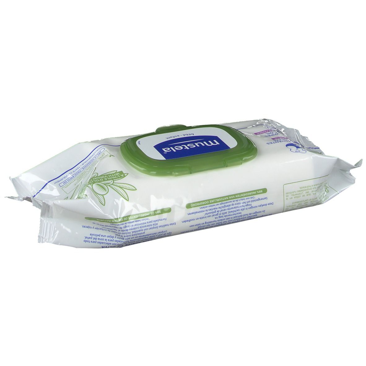 Paquet de lingettes nettoyantes à l'huile d'olive. Emballage vert et blanc avec logo "mustela".