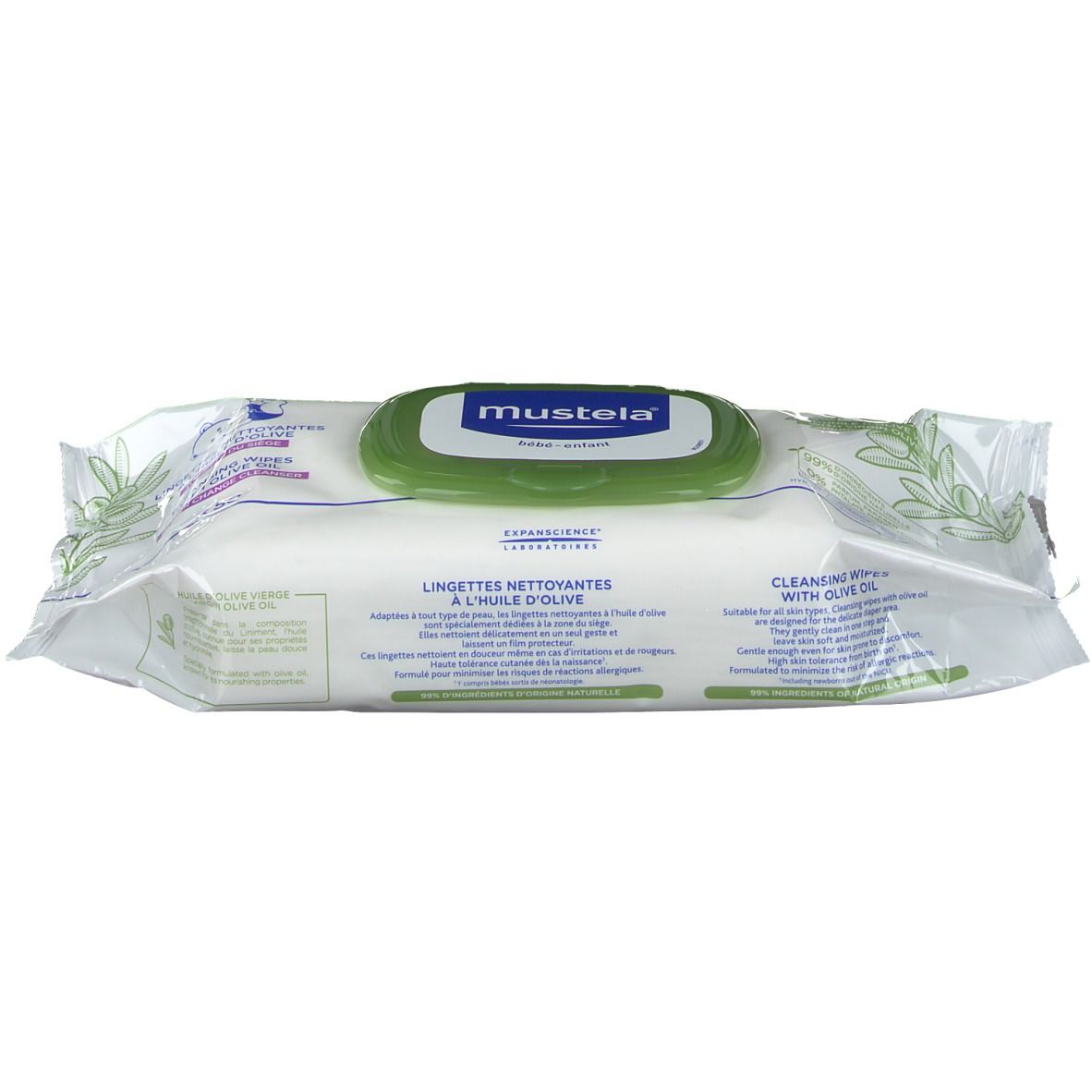 Paquet de lingettes nettoyantes à l'huile d'olive. Emballage vert et blanc avec logo "mustela".